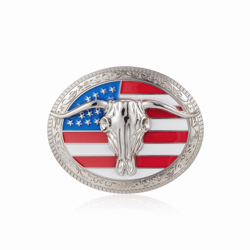 YOQUCOL QUKE American Western Cowboy USA Flag Rodeo Long Horn Bull Belt Buckle - Image 1